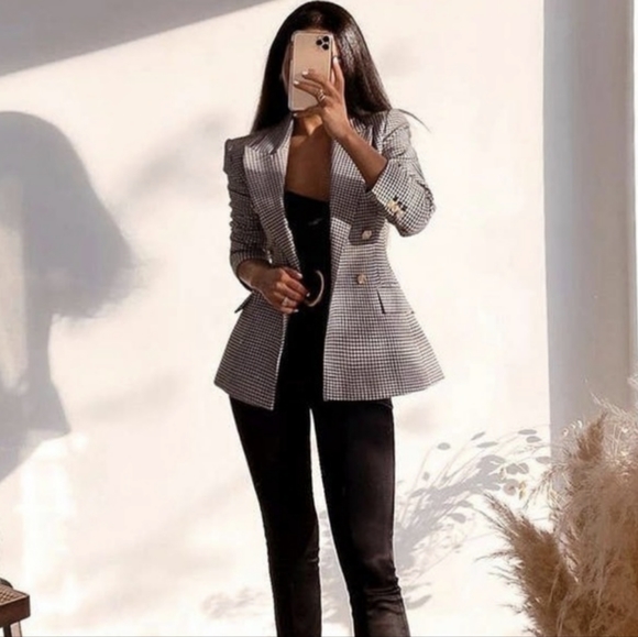 COPY - ZARA NWT CHECKERED HOUNDSTOOTH BLAZER GOLD BUTTONS BLACK WHITE - Picture 9 of 16